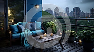 Modern balcony seating area with green plants and candles with city views. Cozy reading area. Summer rainy day.