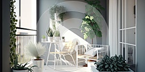 Modern balcony sitting area decorated with green plant and white wall