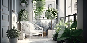 Modern balcony sitting area decorated with green plant and white wall