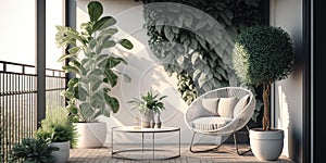 Modern balcony sitting area decorated with green plant and white wall