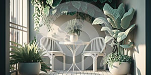 Modern balcony sitting area decorated with green plant and white wall