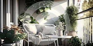 Modern balcony sitting area decorated with green plant and white wall