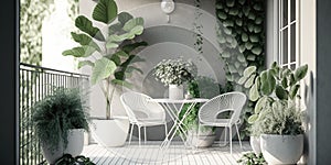 Modern balcony sitting area decorated with green plant and white wall