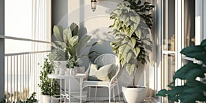 Modern balcony sitting area decorated with green plant and white wall