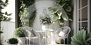 Modern balcony sitting area decorated with green plant and white wall