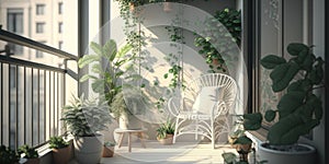 Modern balcony sitting area decorated with green plant and white wall