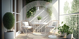 Modern balcony sitting area decorated with green plant and white wall