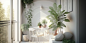 Modern balcony sitting area decorated with green plant and white wall