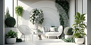 Modern balcony sitting area decorated with green plant and white wall