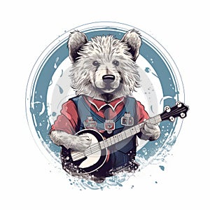 Modern Banjo Line Illustration With Vintage Punk Style Bear