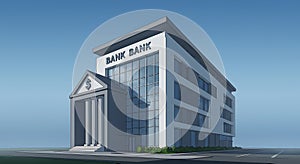 Modern bank building with a rectangular structure and glass faÃ§ade, featuring