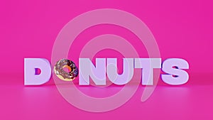 Modern banner for a candy store, 3d illustration. Donut with chocolate icing and a three-dimensional text. The concept of a bakery