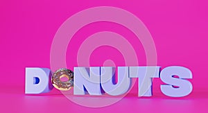 Modern banner for a candy store, 3d illustration. Donut with chocolate icing and a three-dimensional text. The concept of a bakery