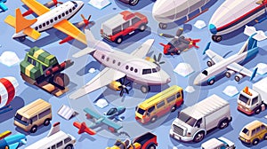 This modern banner features an isometric illustration of propeller planes, mini autos, airships, and vans.