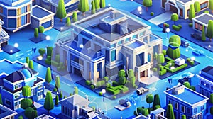 Modern banner with isometric house, office, and store facades isolated on blue background. City buildings poster in