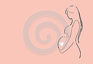 Modern banner about pregnancy and motherhood, line drawing. Poster with a beautiful young pregnant woman with place for text.