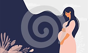 Modern banner about pregnancy and motherhood. Poster with a beautiful young pregnant woman with long hair and place for text.