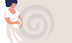 Modern banner about pregnancy and motherhood. Poster with a beautiful young pregnant woman with place for text. Minimalistic