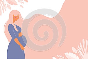 Modern banner about pregnancy and motherhood. Poster with a cute pregnant woman with long hair and place for text photo