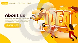 Modern banner template with tiny people and idea label. User Interface Development Concept. Little people build a