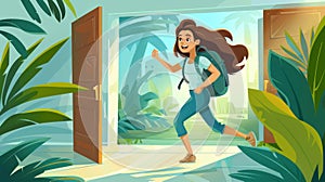 A modern banner of vacation and vacation concept with an illustration of a girl hurrying to open the door in a hallway