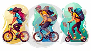 Modern banners of deliver service with cartoon illustration of people with backpacks riding bikes, skateboards, and