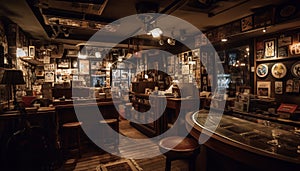 Modern bar design with rustic wood shelves, illuminated by lamps generated by AI