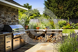 Modern barbeque grill in the backyard garden outdoors, patio design, post-processed, generative ai