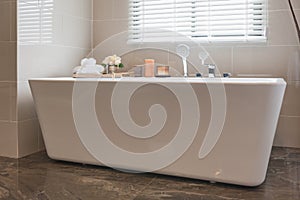 modern barhroom interior with white bathtub