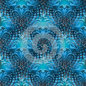 Modern Baroque blue 3d vector seamless pattern. Ornamental abstract Damask background. Repeat grid lattice decorative backdrop. G