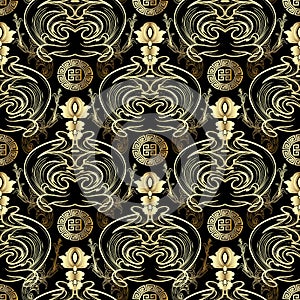 Modern Baroque vector seamless pattern. Black floral damask back