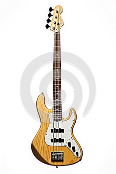 Modern bass guitar isolated on white background.