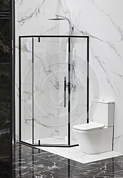 Modern bath room interior, black grid glass shower. Loft partition black cage with glass. Minimalistic modern shower