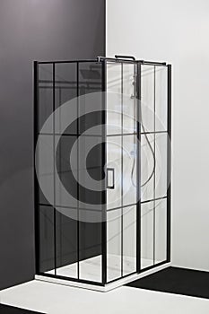Modern bath room interior, black grid shower. Loft partition black cage with glass. Minimalistic modern shower