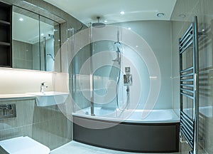 Modern bathroom in apartment with shower bath and tiled surfaces