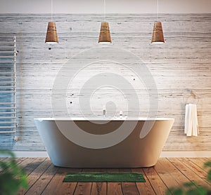 Modern bathroom with bathtub, luxury apartment. 3d rendering