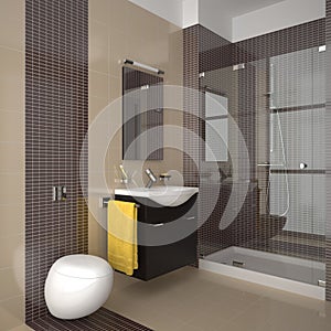 Modern bathroom with beige and brown tiles