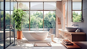 Modern bathroom with big french windows, Generative AI