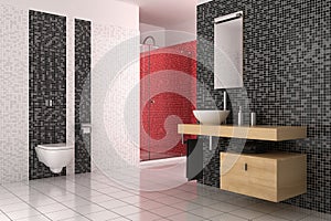 Modern bathroom with black, red and white tiles