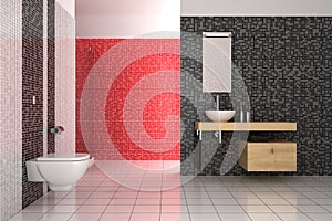 Modern bathroom with black, red and white tiles