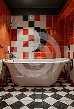 Modern Bathroom With Black and White Tiles and Red Bathtub
