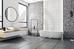 Modern bathroom with blank poster