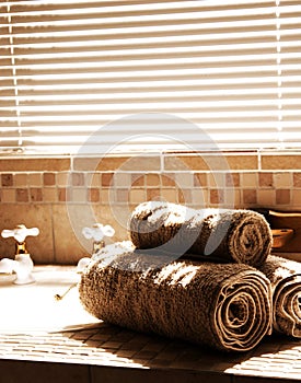 Modern bathroom with blinds on