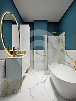 Modern bathroom with blue walls and white marble with a large round mirror in gold trim white furniture and a bowl-shaped bathtub