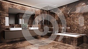 Modern bathroom with brown marble and black tiles. Bathtub with emperador tiling. Luxury design and concept.