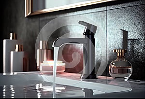 Modern Bathroom cabinet dramatic light, Water faucet made of stainless steel.