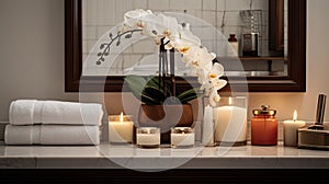a modern bathroom countertop, a mirror surrounded by beautiful flowers, burning candles, towels, and various toiletries
