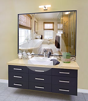 Modern bathroom with dark cabinet