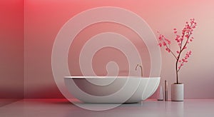 Modern Bathroom Design With Gradient Wall and Cherry Blossom Decor in Soft Lighting
