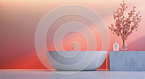 Modern Bathroom Design With Gradient Wall and Cherry Blossom Decor in Soft Lighting